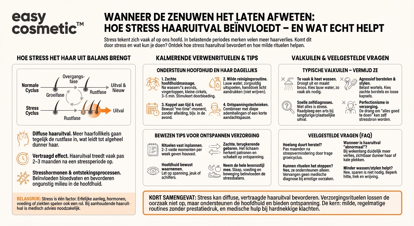 Kan stress haaruitval veroorzaken en hoe kan ik dit met verzorgingsrituelen tegengaan?