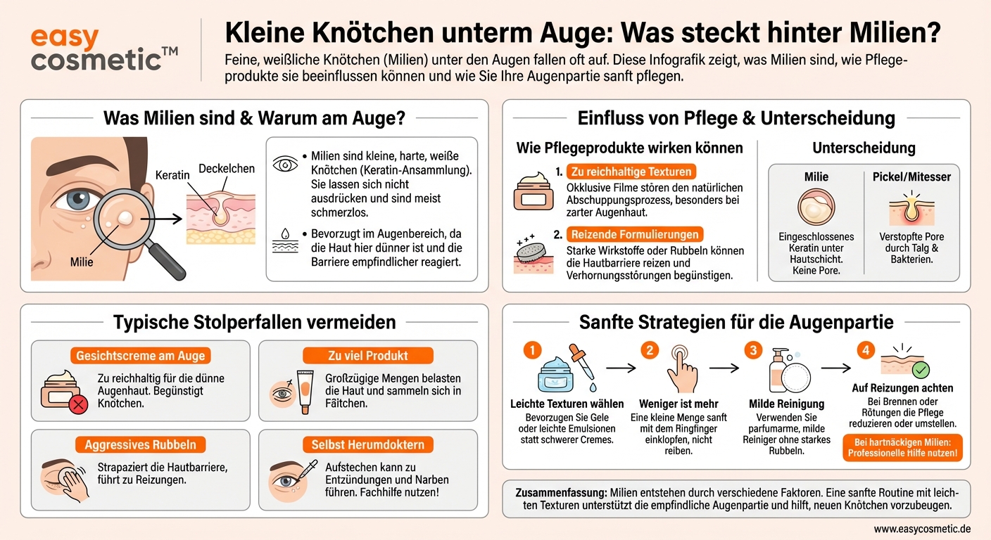 Kann falsche Augenpflege zu milienartigen Knötchen oder Unreinheiten unter den Augen führen?