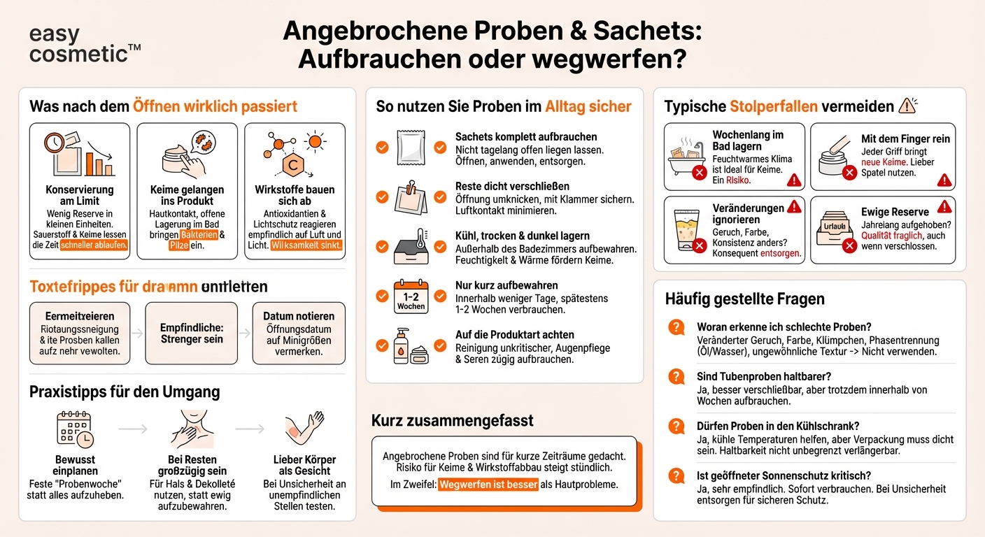 Kann ich angebrochene Proben und Sachets später noch verwenden oder sollten sie sofort aufgebraucht werden?