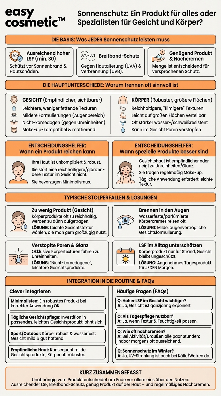 Kann ich den gleichen Sonnenschutz für Gesicht und Körper verwenden oder sind spezielle Produkte sinnvoller?