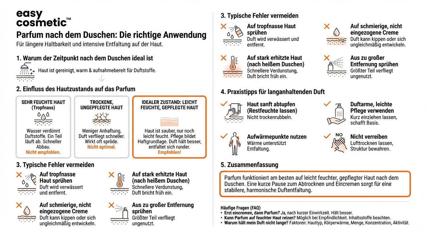 Kann ich Parfum nach dem Duschen auf feuchte Haut sprühen oder sollte die Haut trocken sein?