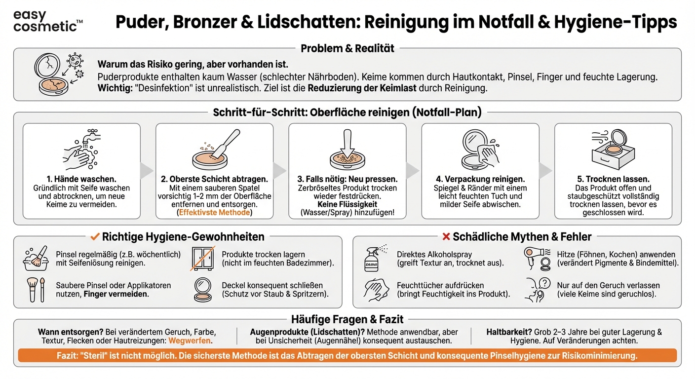 Kann ich pudrige Produkte wie Puder, Bronzer oder Lidschatten im Notfall desinfizieren und wenn ja, wie?