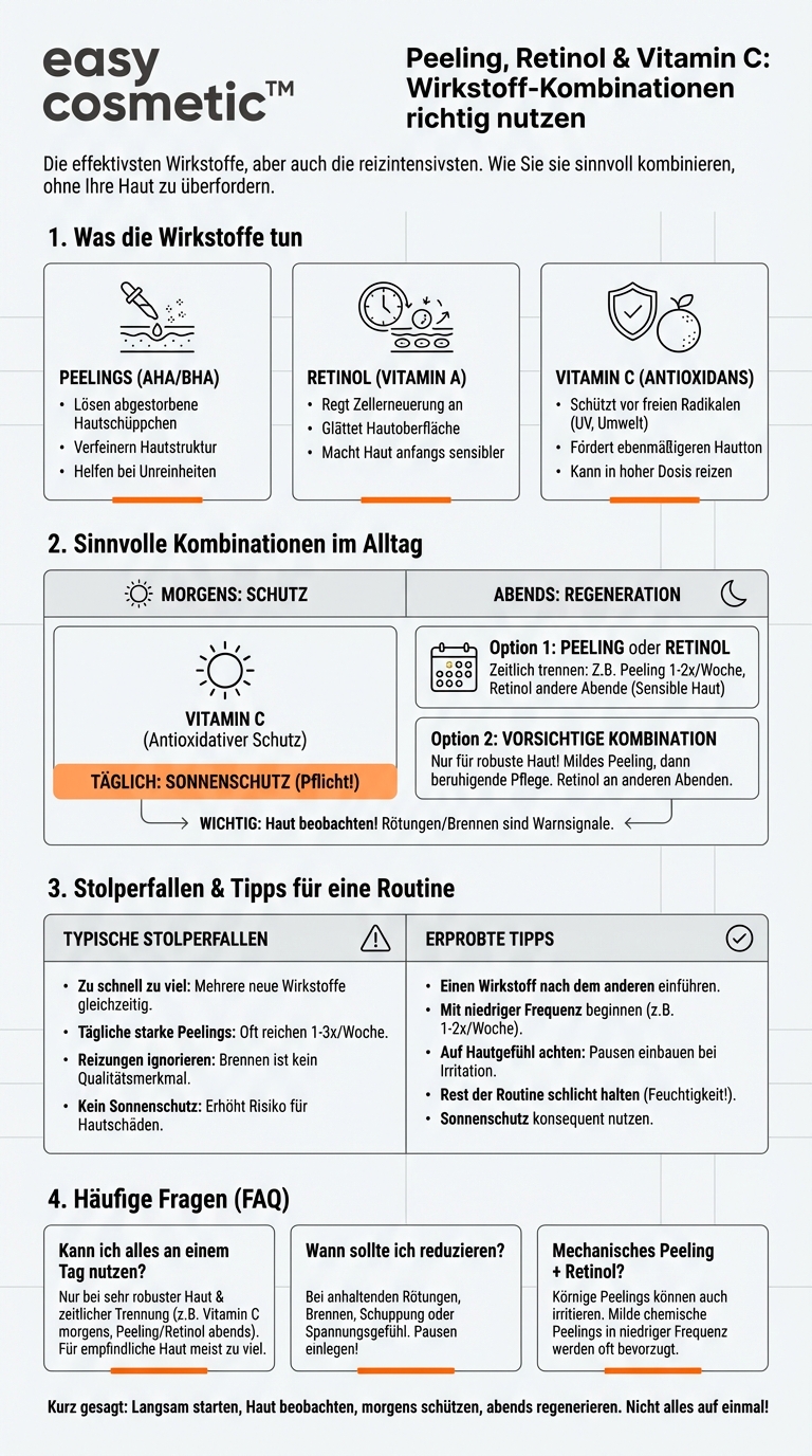 Kann man Peelings gleichzeitig mit Retinol oder Vitamin C verwenden?
