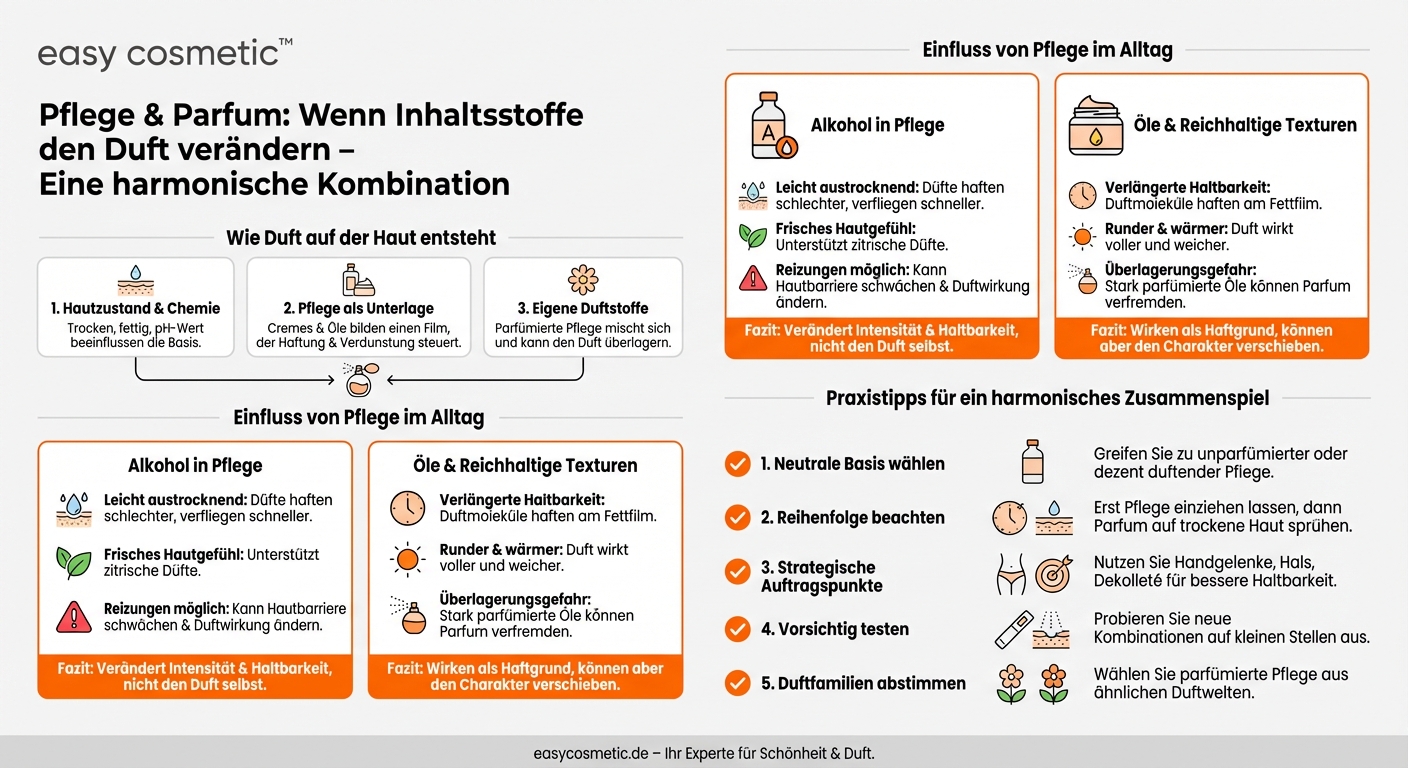 Können Inhaltsstoffe wie Alkohol oder bestimmte Öle in der Pflegekosmetik den Duft meines Parfums verändern?