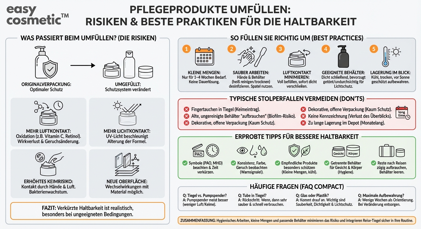 Können Umfüllen und Depot-Behälter (z. B. Reise-Tiegel, Pumpfläschchen) die Haltbarkeit meiner Pflegeprodukte beeinflussen?