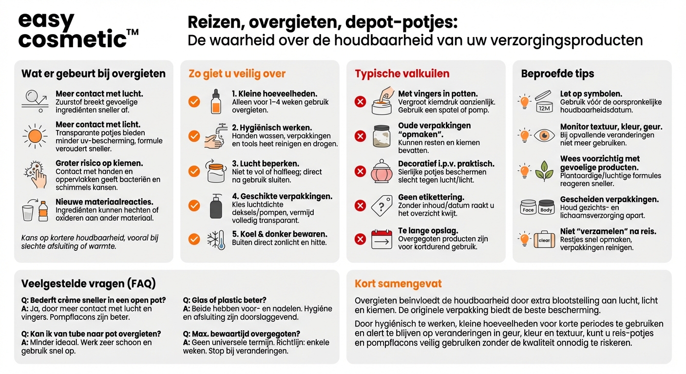 Kunnen het overgieten en het gebruik van navul- of reisverpakkingen (bijv. reis-potjes, pompflacons) de houdbaarheid van mijn verzorgingsproducten beïnvloeden?