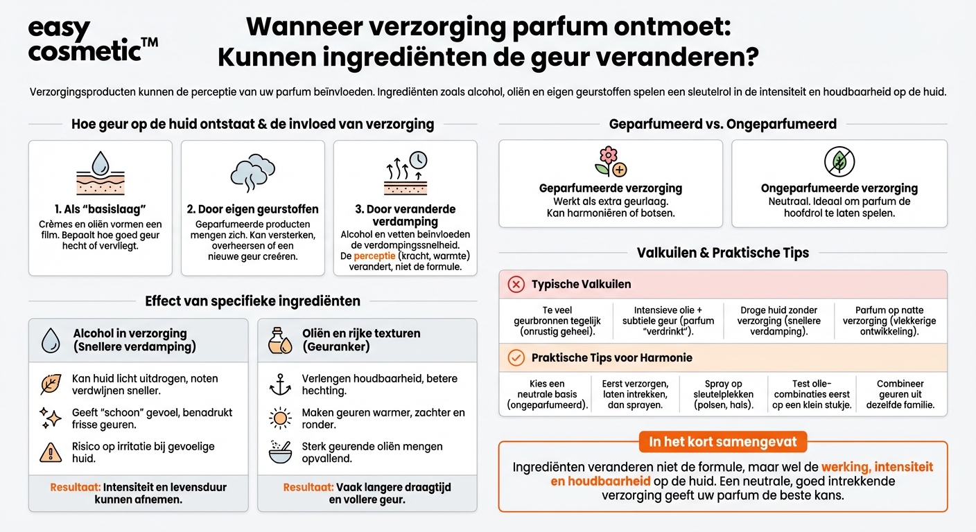 Kunnen ingrediënten zoals alcohol of bepaalde oliën in verzorgingscosmetica de geur van mijn parfum veranderen?