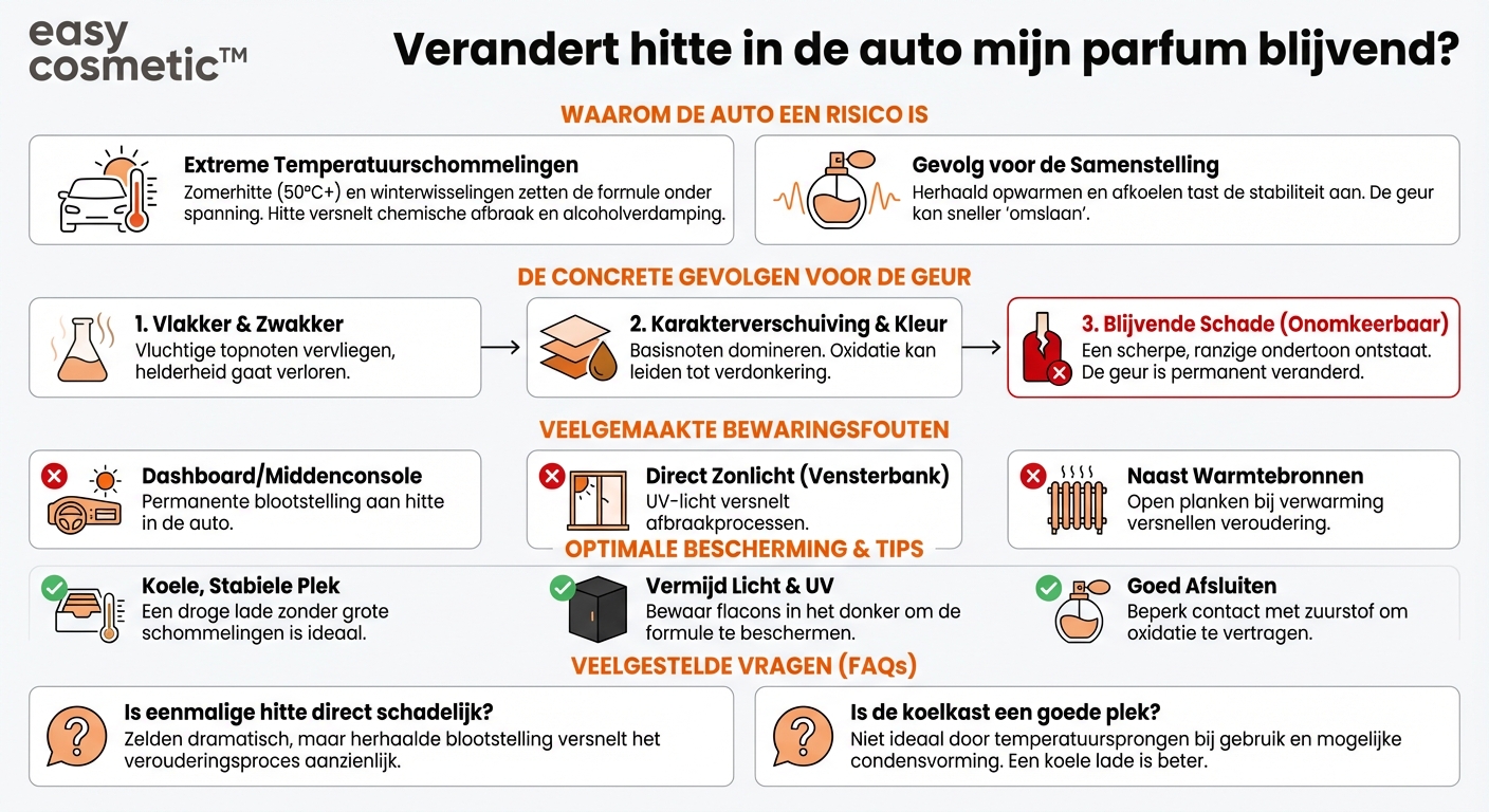 Kunnen sterke temperatuurschommelingen, bijvoorbeeld in de auto, mijn parfum blijvend veranderen?