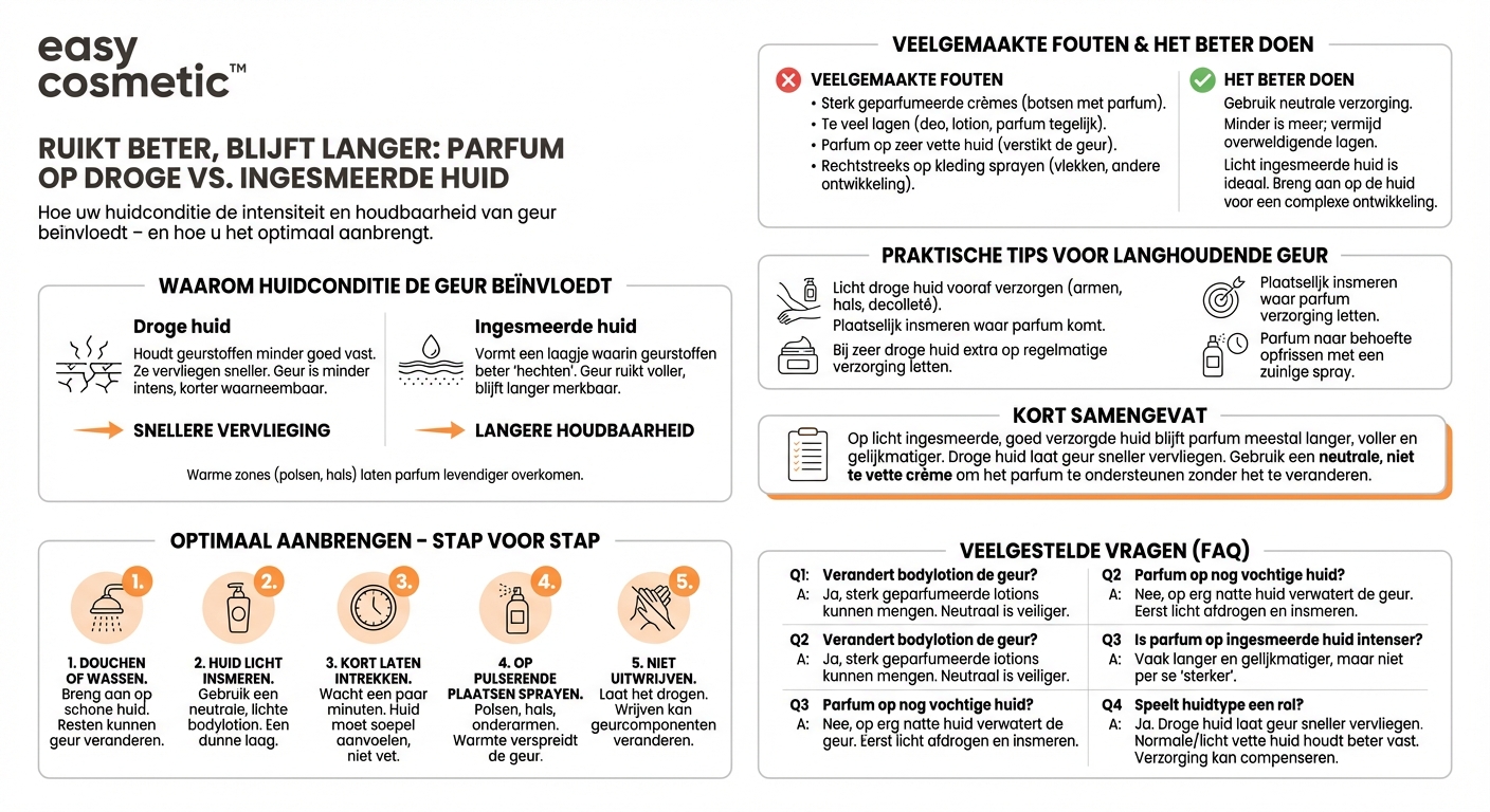 Maakt het verschil of ik parfum op een droge of op een ingesmeerde huid aanbreng?