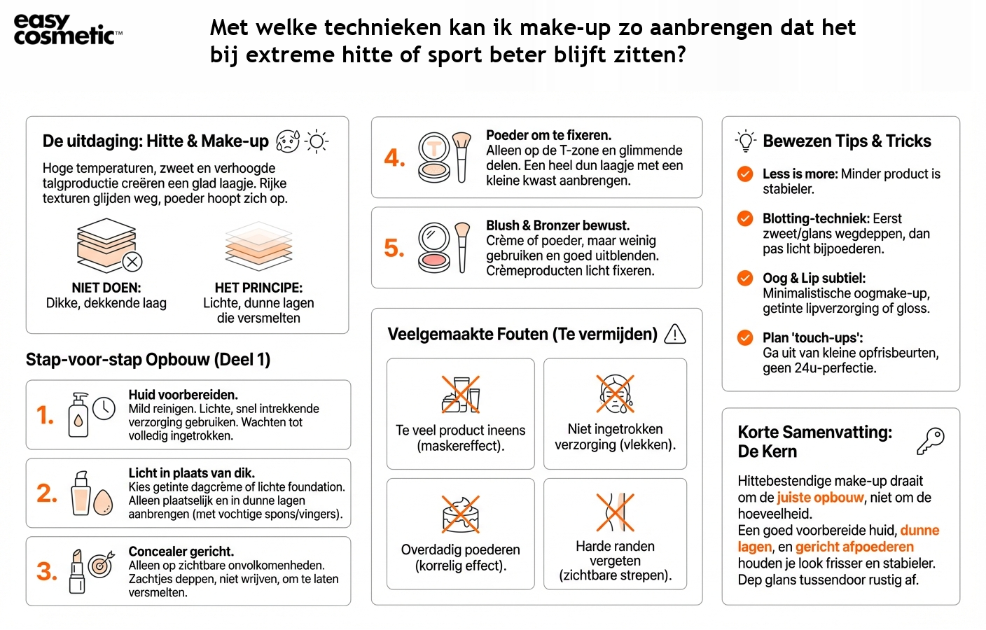 Met welke technieken kan ik make-up zo aanbrengen dat het bij extreme hitte of sport beter blijft zitten?