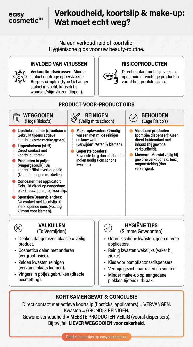 Moet ik make-upproducten die ik bij een verkoudheid of koortslip aan de lippen heb gebruikt, om hygiënische redenen weggooien?