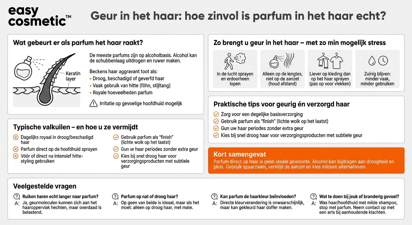 Moet ik parfum rechtstreeks op mijn haar sprayen of is dat schadelijk?