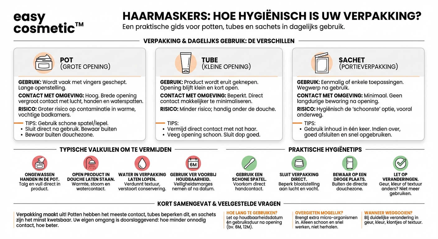 Moeten haarmaskers in potten, tubes of sachets verschillend worden beoordeeld op het gebied van hygiëne?