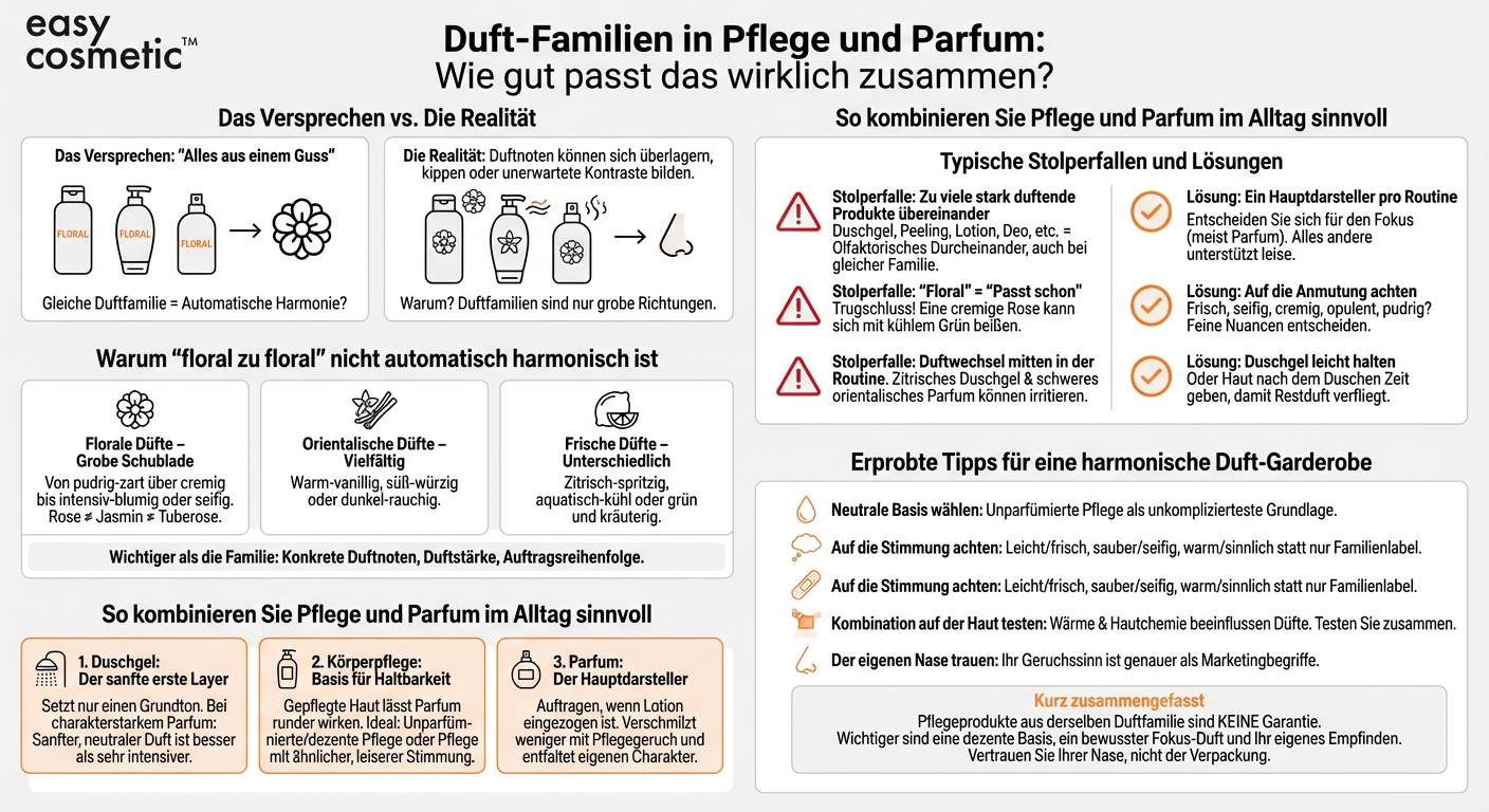 Sind Pflegeprodukte mit ähnlichen Duftfamilien (z. B. floral, orientalisch) immer automatisch passend zu meinem Parfum?