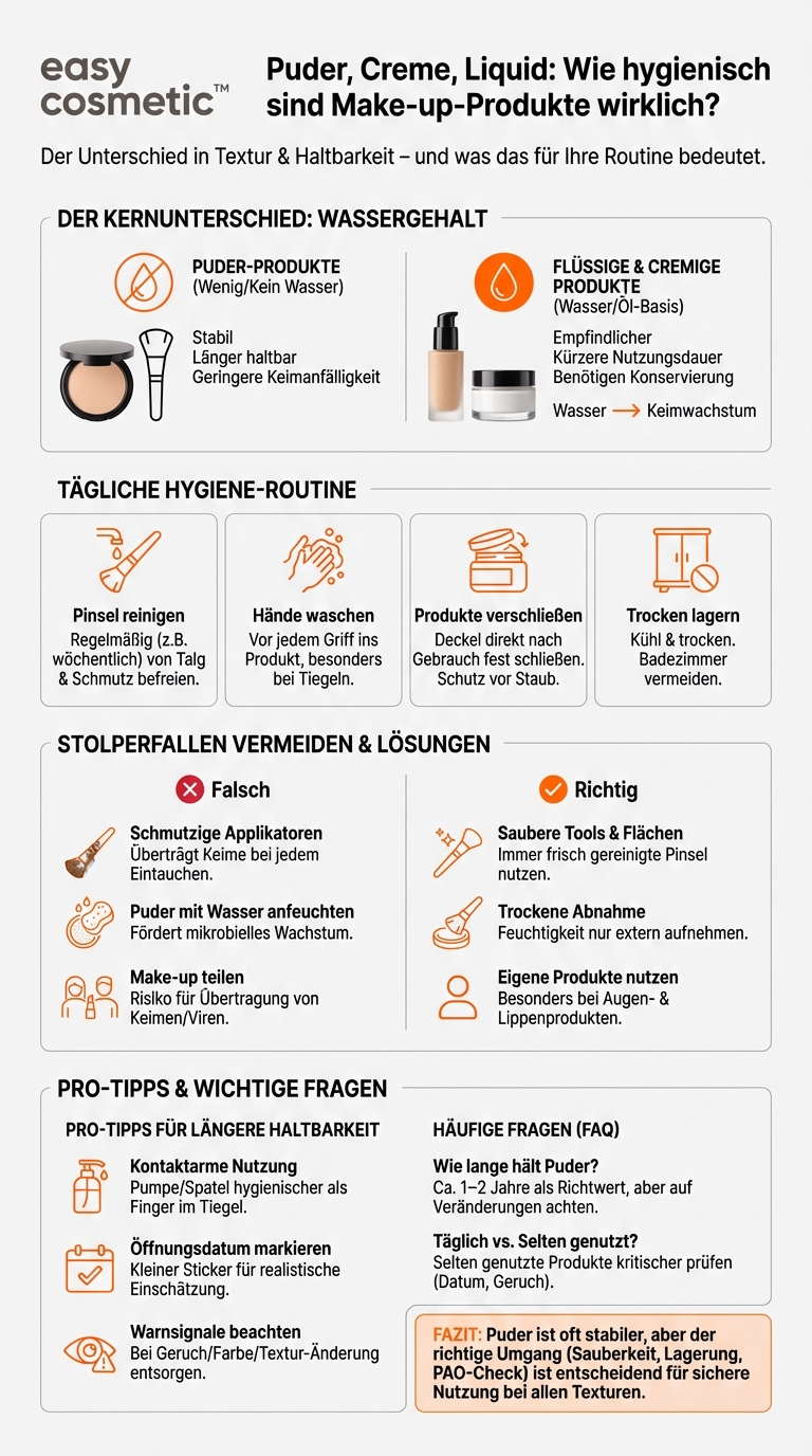 Sind Puderprodukte (Lidschatten, Blush, Bronzer) hygienischer und länger haltbar als flüssige Produkte?