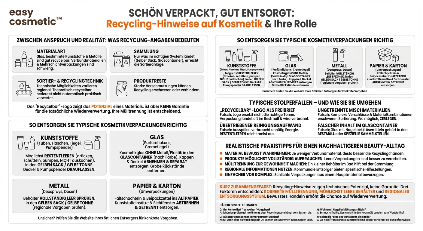 Sind Recyclability-Claims auf Kosmetikverpackungen vertrauenswürdig und was muss ich bei der Entsorgung beachten?