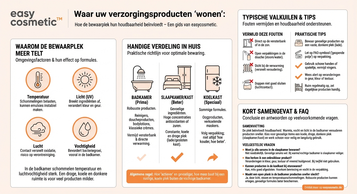Speelt de bewaarplaats (bijv. slaapkamer vs. badkamer) een rol voor de houdbaarheid van mijn huidverzorging?