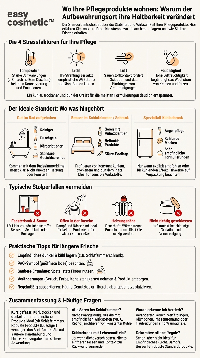 Spielt der Aufbewahrungsort (z. B. Schlafzimmer vs. Badezimmer) eine Rolle für die Haltbarkeit meiner Hautpflege?