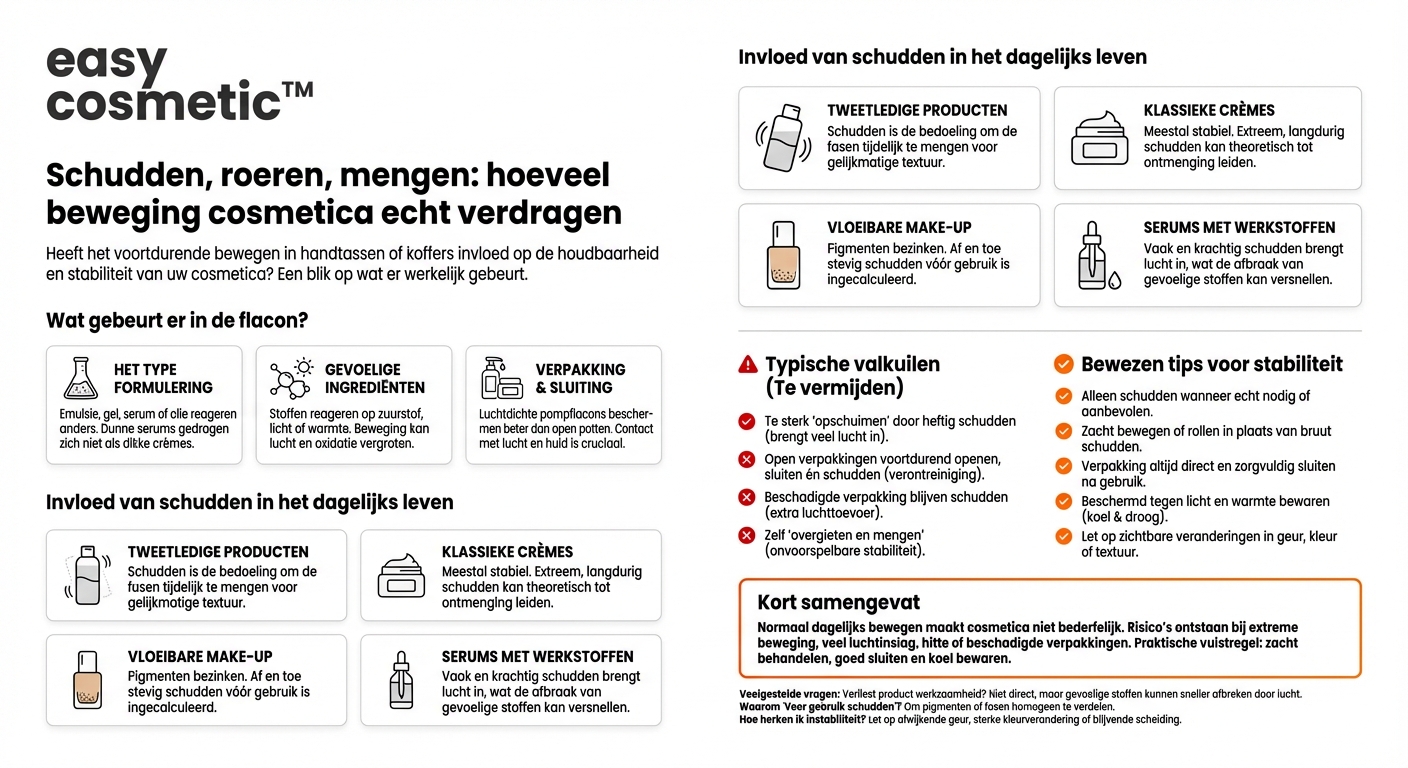 Verandert veelvuldig schudden of mengen van producten hun houdbaarheid of stabiliteit?