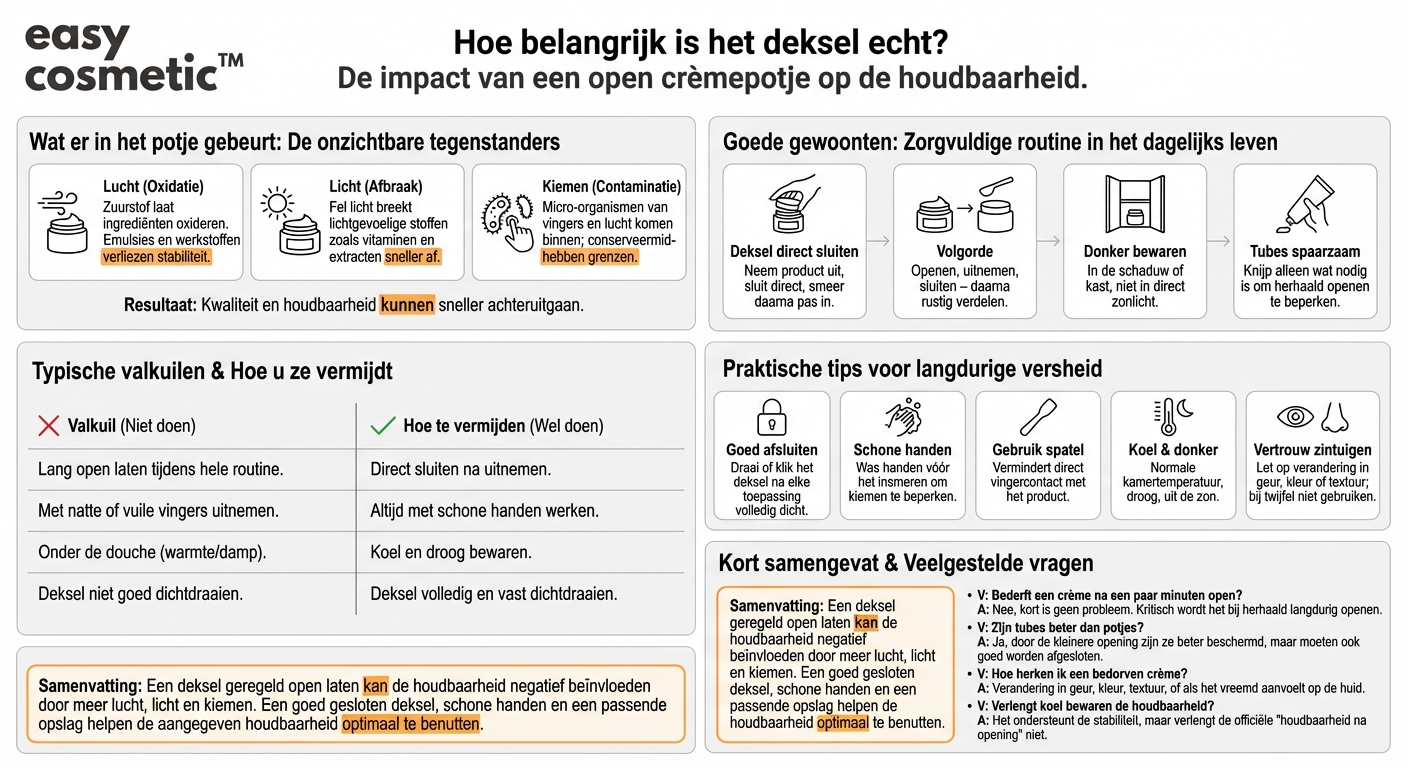 Verkort het de houdbaarheid als ik de dop van crèmes of tubes vaker open laat staan?