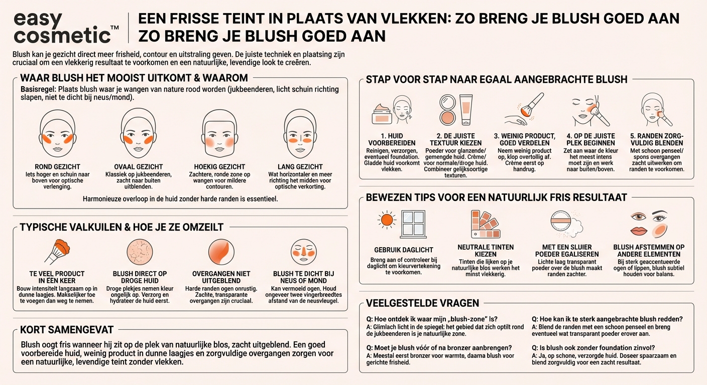 Waar breng ik blush correct aan zodat het fris en niet vlekkerig oogt?