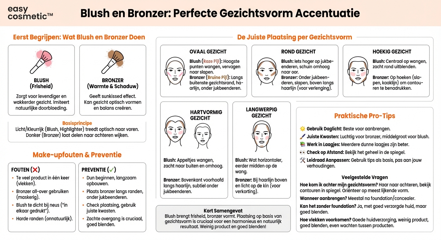 Waar breng ik blush en bronzer het beste aan, afhankelijk van mijn gezichtsvorm?