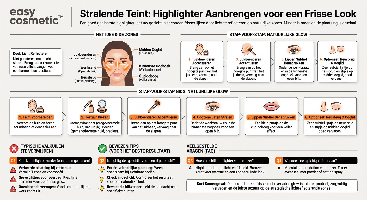 Waar breng ik highlighter aan voor een frisse glow?
