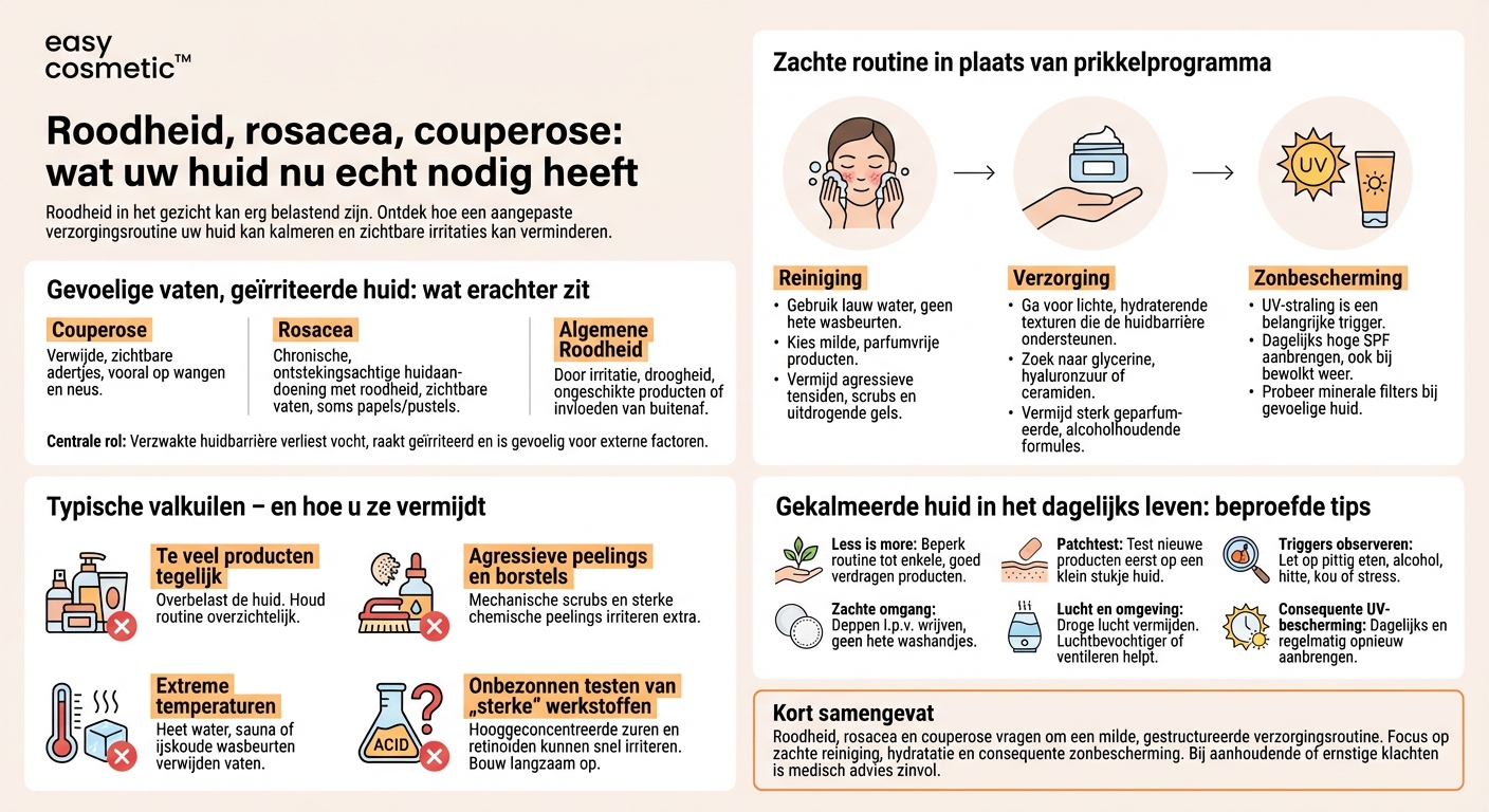 Waar moet ik in de verzorging op letten bij roodheid, rosacea of couperose?