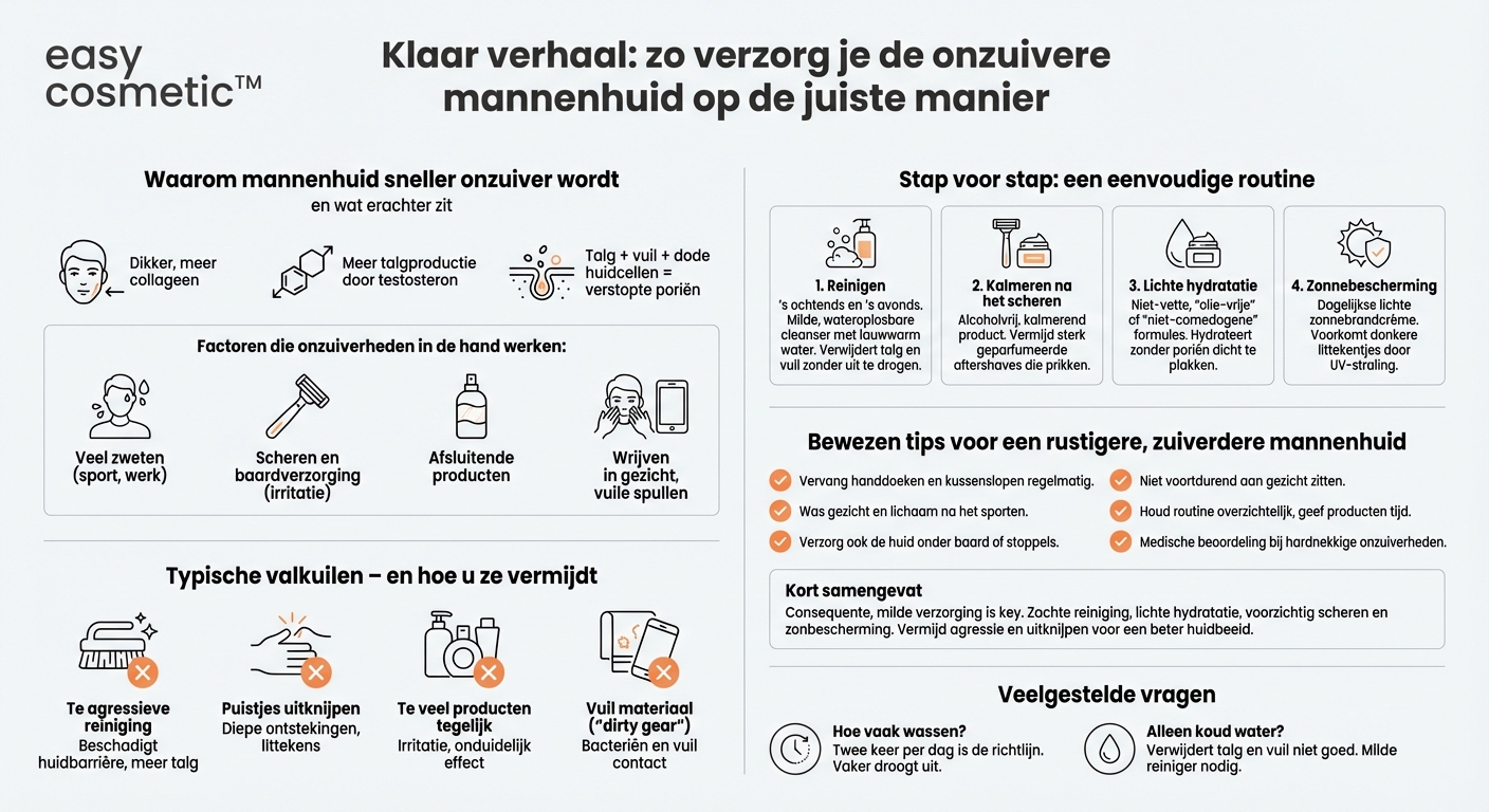 Waar moet ik op letten bij de reiniging en verzorging van de mannelijke huid die snel onzuiver wordt?