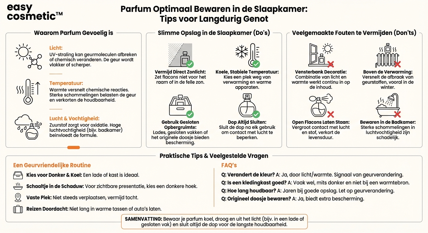 Waar moet ik op letten bij het bewaren van parfum in de slaapkamer of op de kaptafel?
