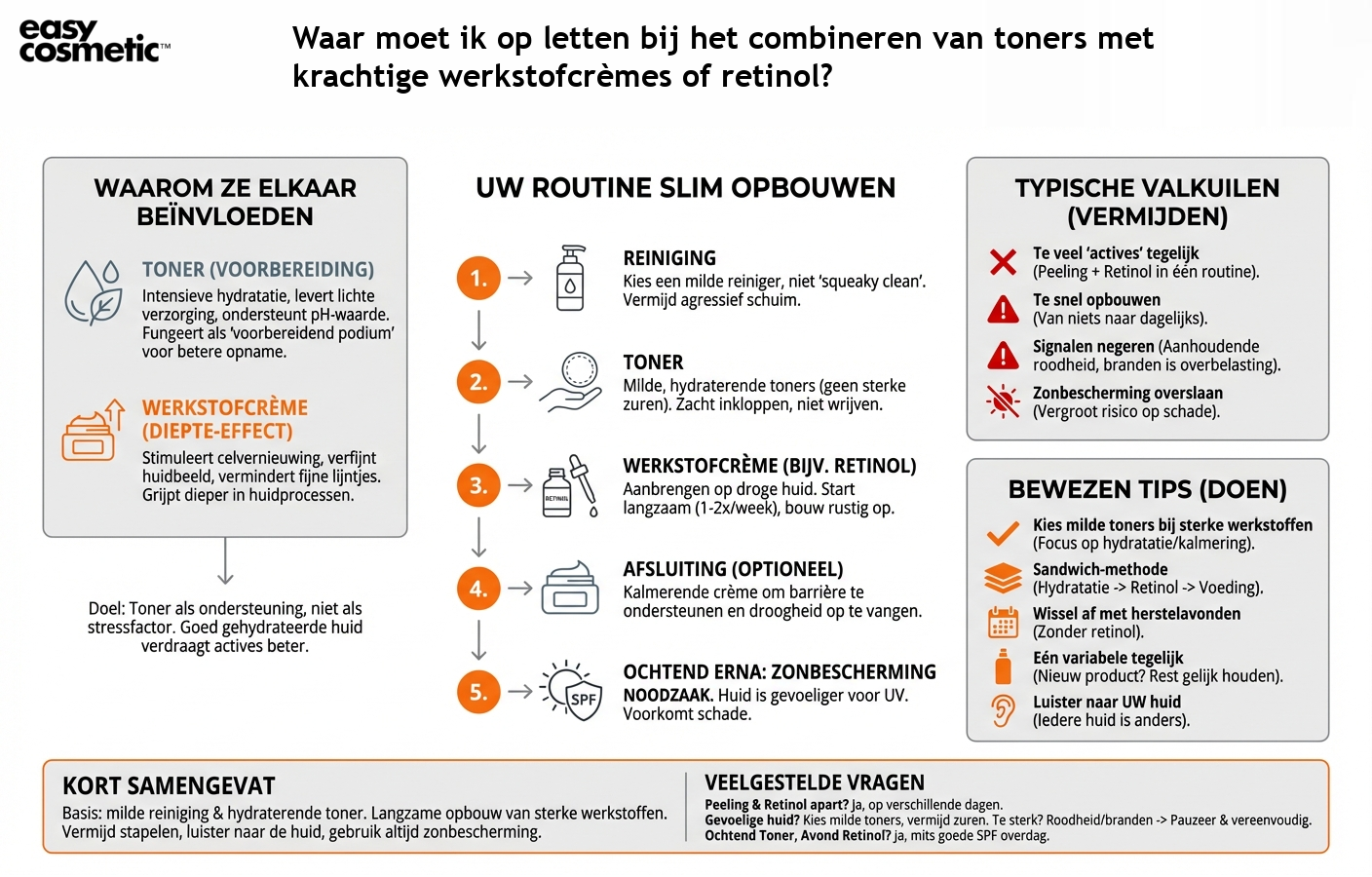 Waar moet ik op letten bij het combineren van toners met krachtige werkstofcrèmes of retinol?