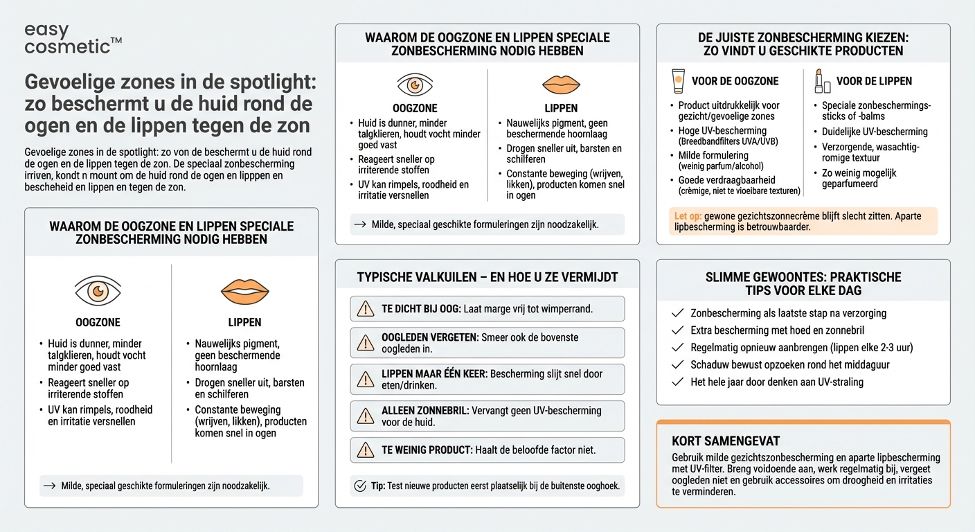 Waar moet ik op letten bij zonbescherming voor de oogcontour en de lippen?
