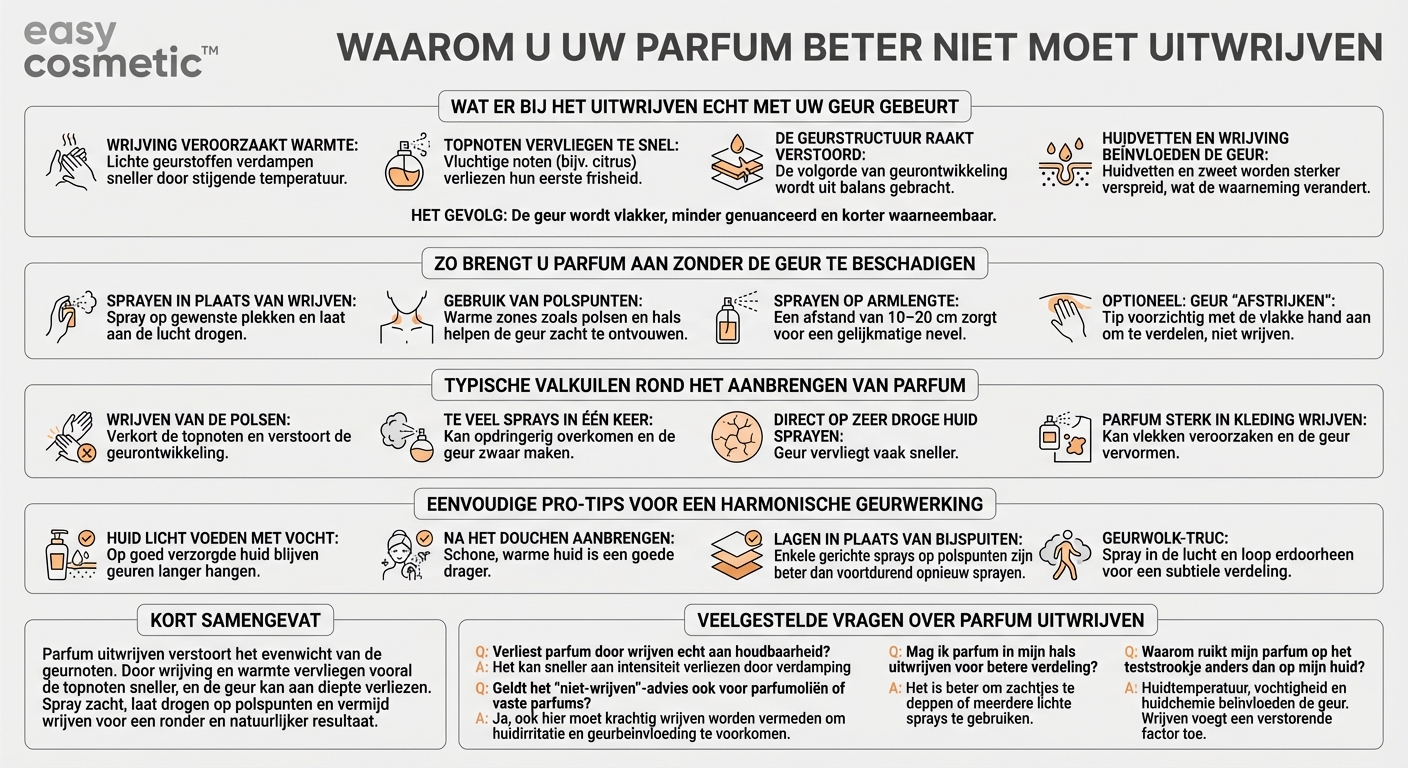 Waarom moet je parfum niet uitwrijven nadat je het hebt opgespoten?