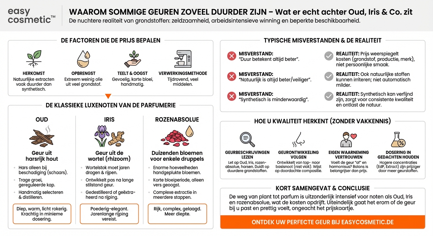 Waarom zijn bepaalde geurtonen zoals oudh, iris of rozenabsolue vaak duidelijk duurder?