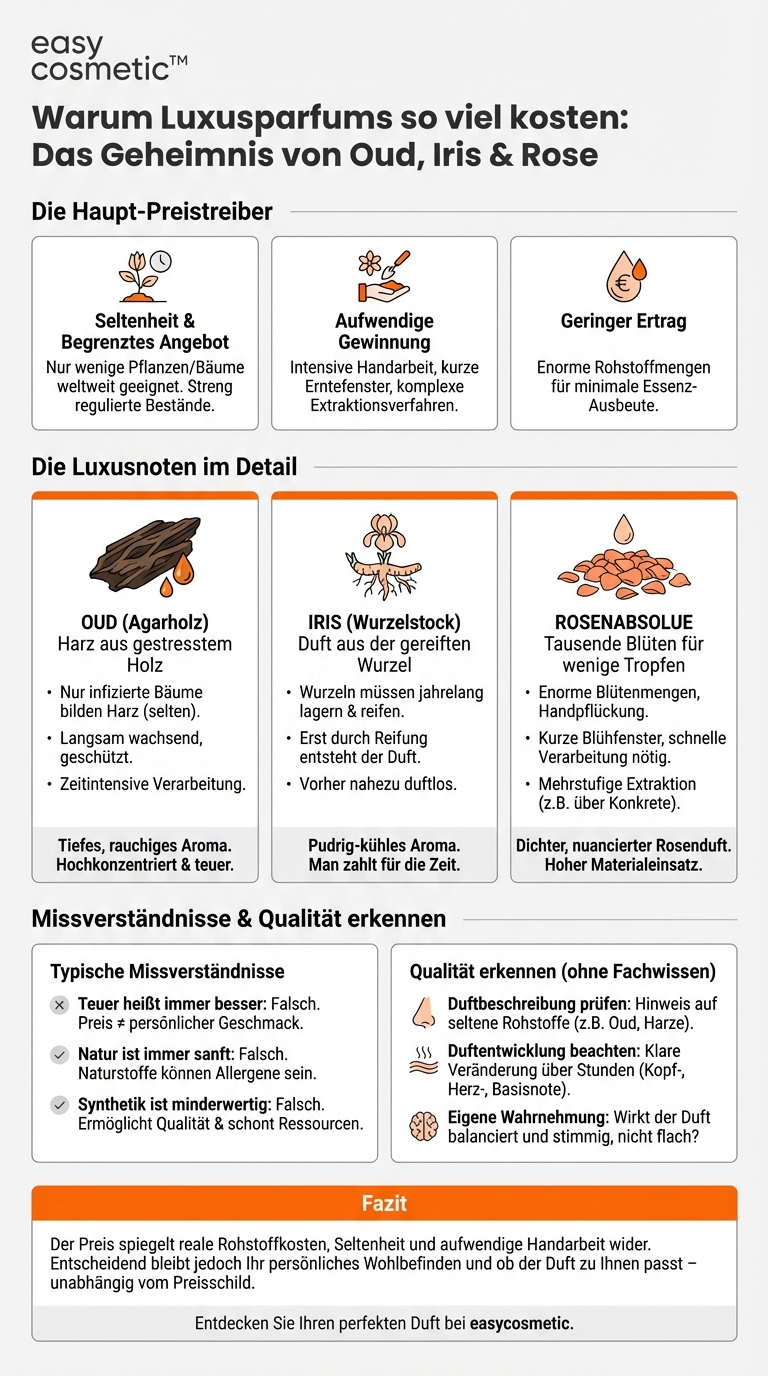 Warum kosten bestimmte Duftnoten wie Oud, Iris oder Rosenabsolue oft deutlich mehr?