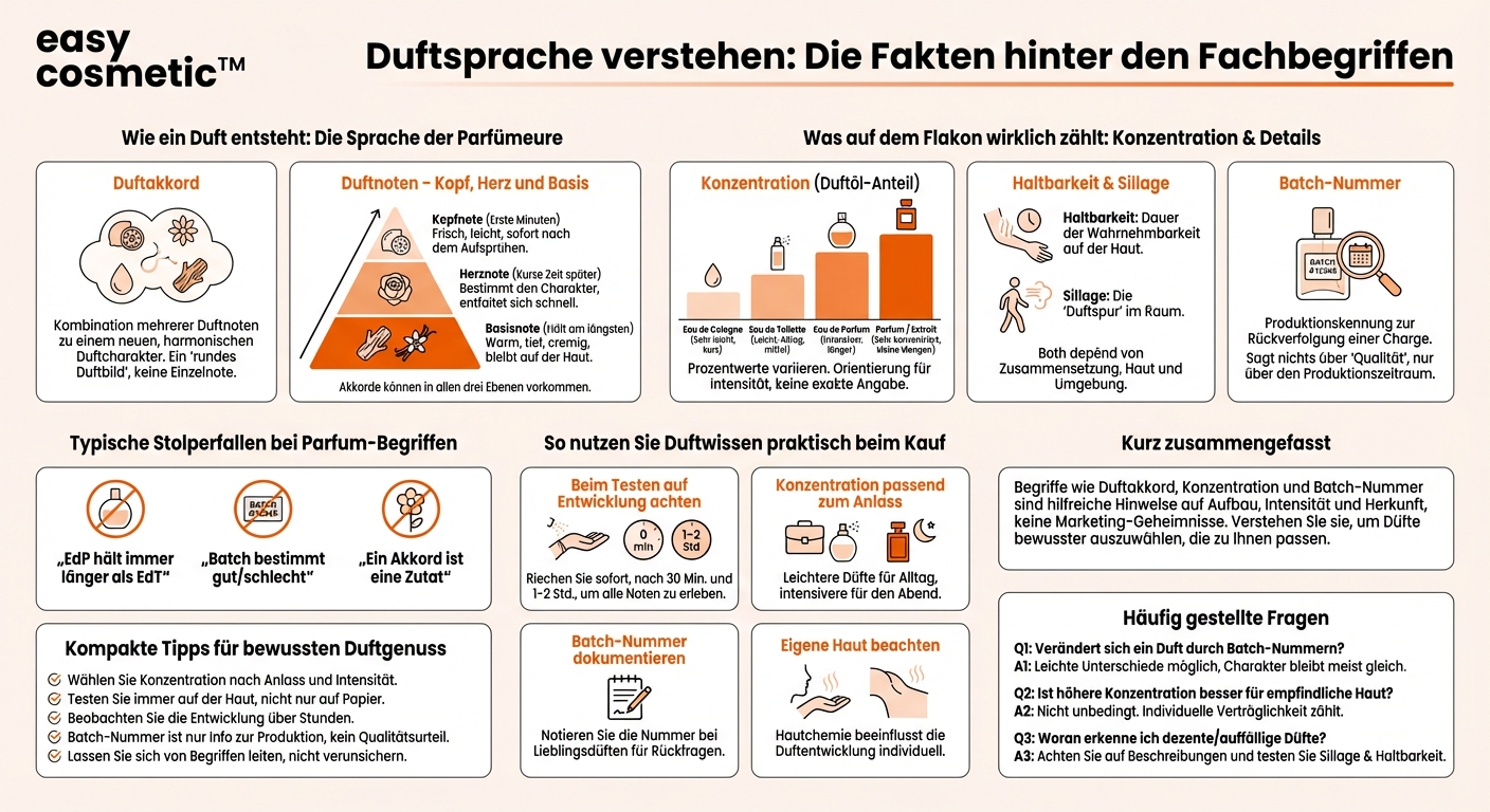 Was bedeuten Begriffe wie Duftakkord, Konzentration oder Batch-Nummer bei Parfum?