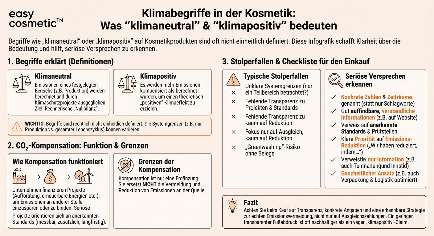 Was bedeutet „klimaneutrale“ oder „klimapositiv“ deklarierte Pflegekosmetik, und worauf sollte ich achten, wenn Marken mit CO₂-Kompensation werben?