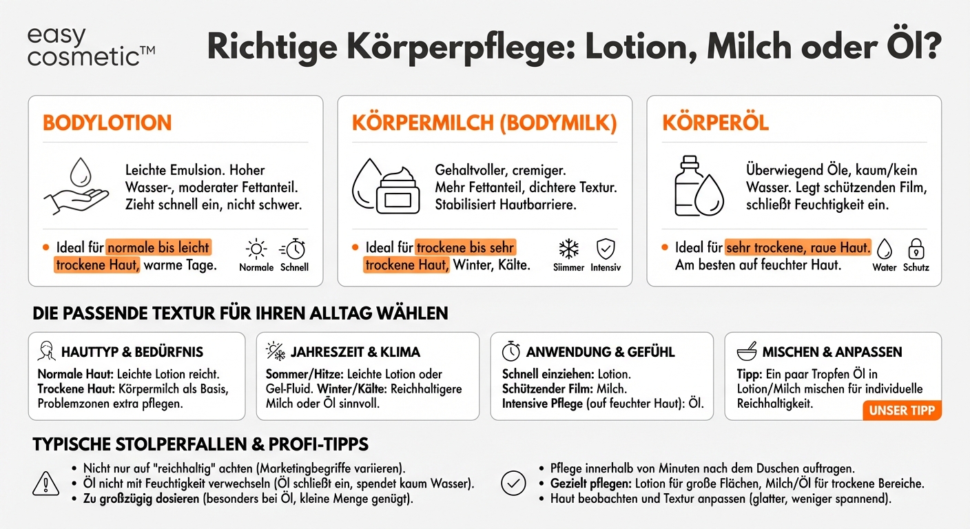 Was ist der Unterschied zwischen Bodylotion, Körpermilch und Körperöl?