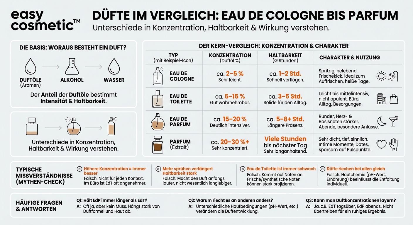 Was ist der Unterschied zwischen Eau de Cologne, Eau de Toilette, Eau de Parfum und Parfum in Bezug auf Konzentration und Wirkung?