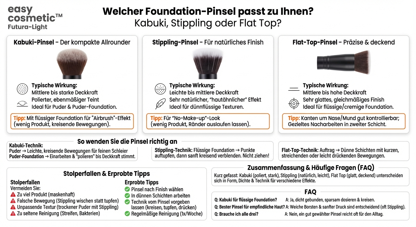 Was ist der Unterschied zwischen Kabuki-Pinsel, Stippling-Pinsel und Flat-Top-Foundation-Pinsel?
