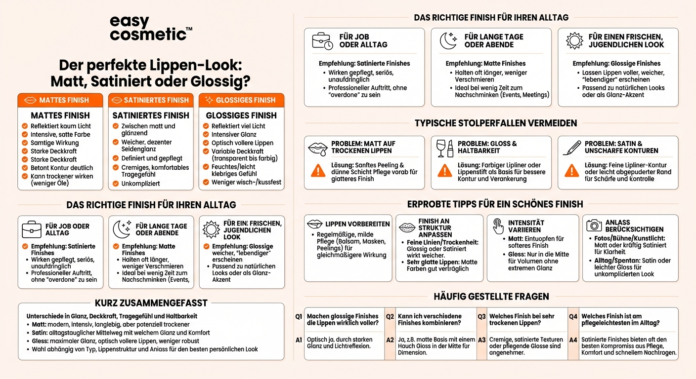 Was ist der Unterschied zwischen matten, satinierten und glossigen Finishes bei Lippenprodukten?