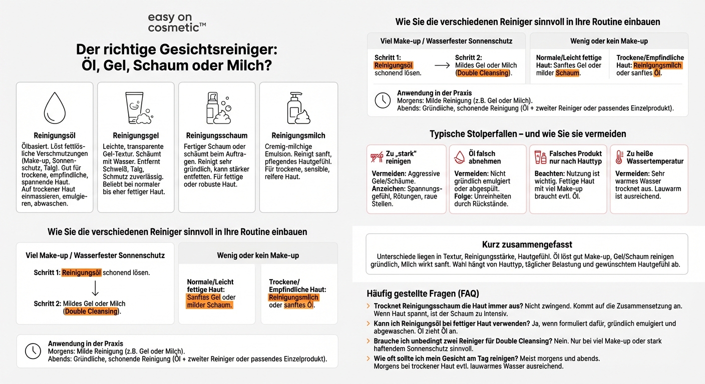 Was ist der Unterschied zwischen Reinigungsöl, -gel, -schaum und -milch?
