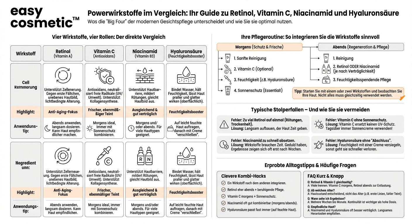 Was ist der Unterschied zwischen Retinol, Vitamin C, Niacinamid und Hyaluronsäure?