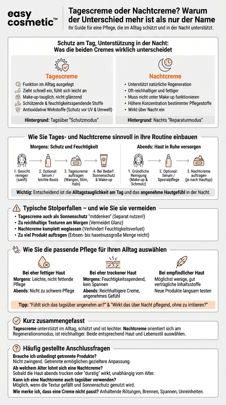 Was ist der Unterschied zwischen Tagescreme und Nachtcreme?