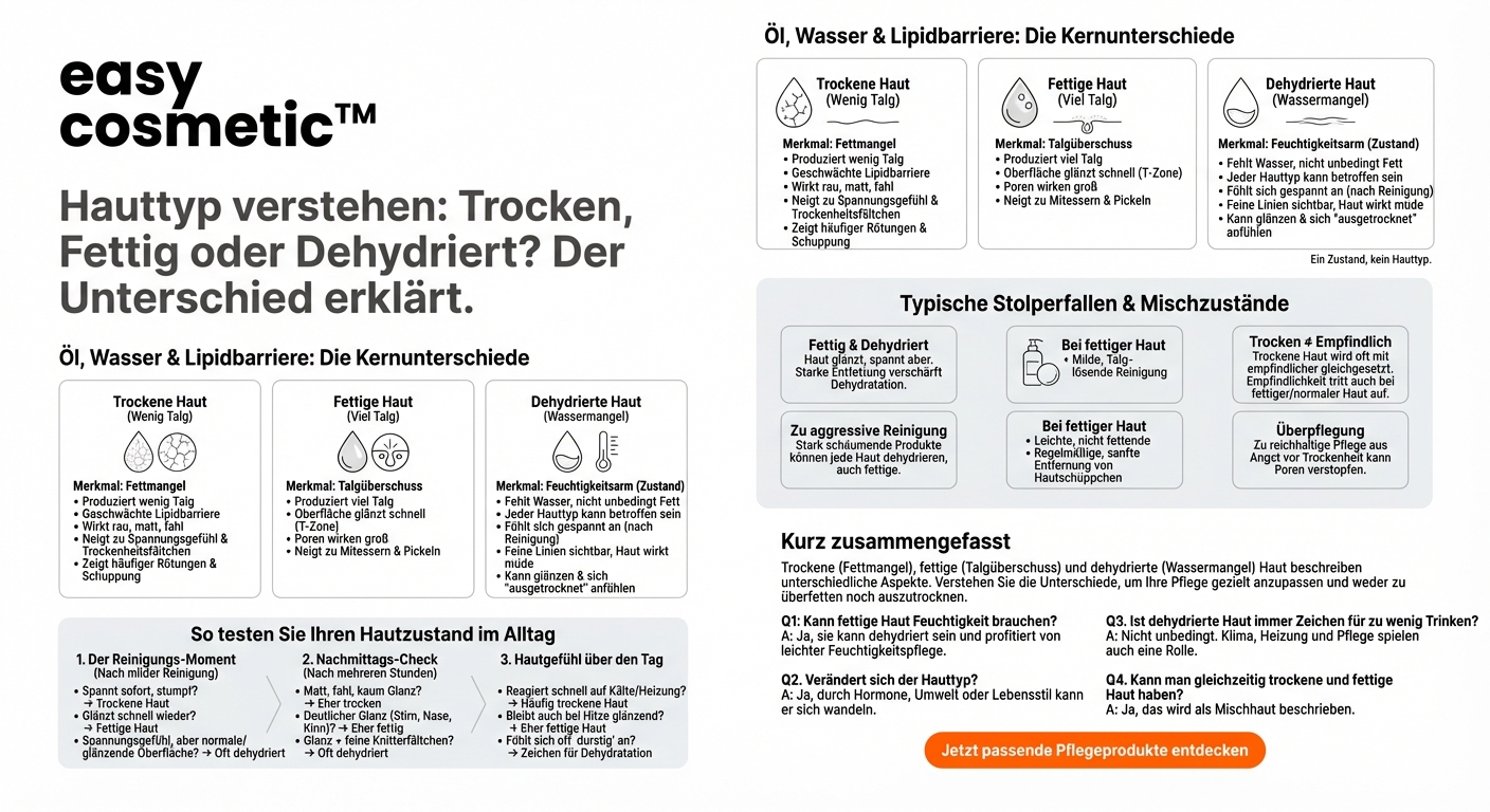Was ist der Unterschied zwischen trockener, dehydrierter und fettiger Haut?