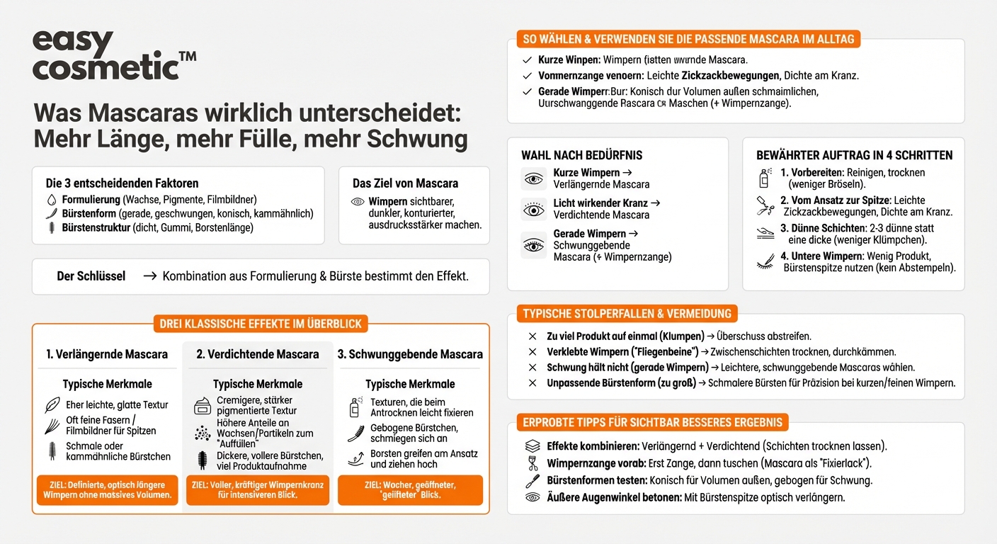 Was ist der Unterschied zwischen verlängernder, verdichtender und schwunggebender Mascara?