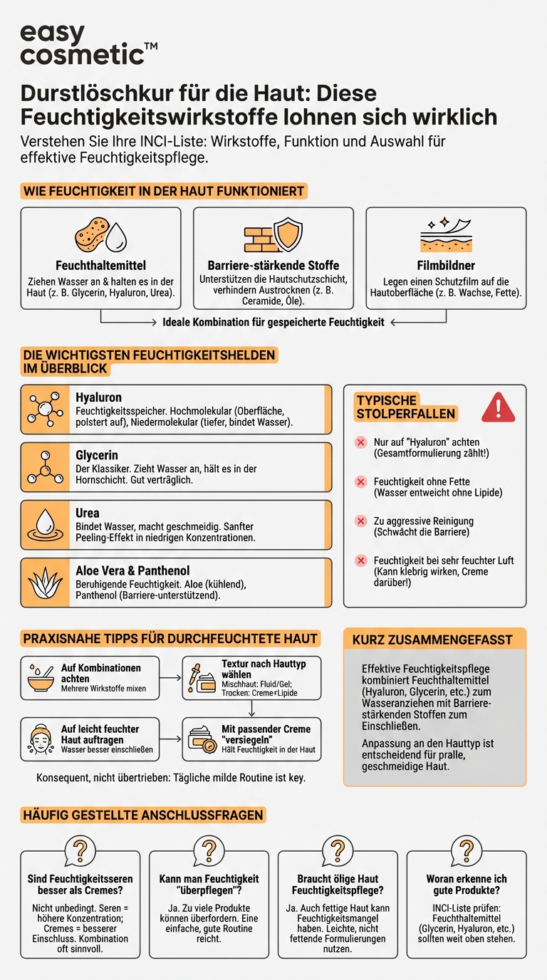 Was sind die wichtigsten Inhaltsstoffe für Feuchtigkeit (z.B. Hyaluron, Glycerin)?