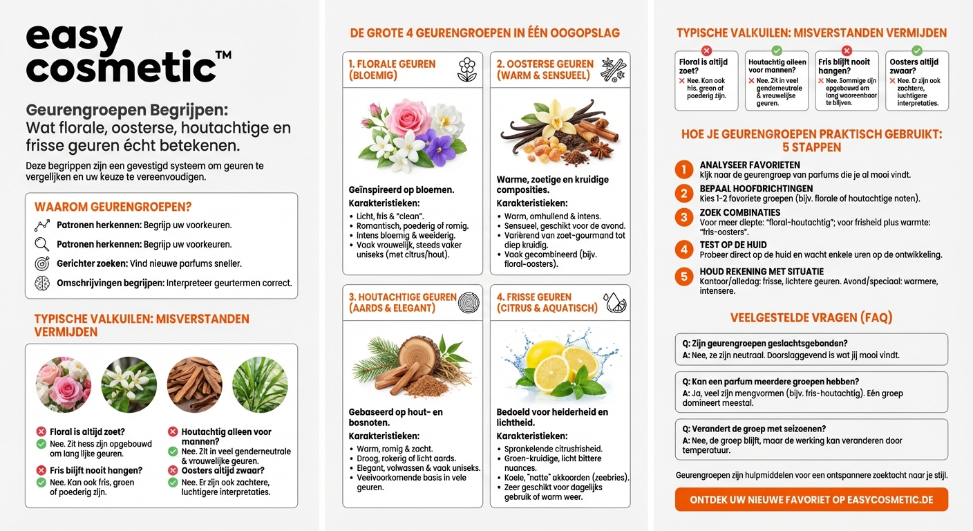 Wat betekenen geurfamilies zoals bloemig, oriëntaals, houtachtig of fris?