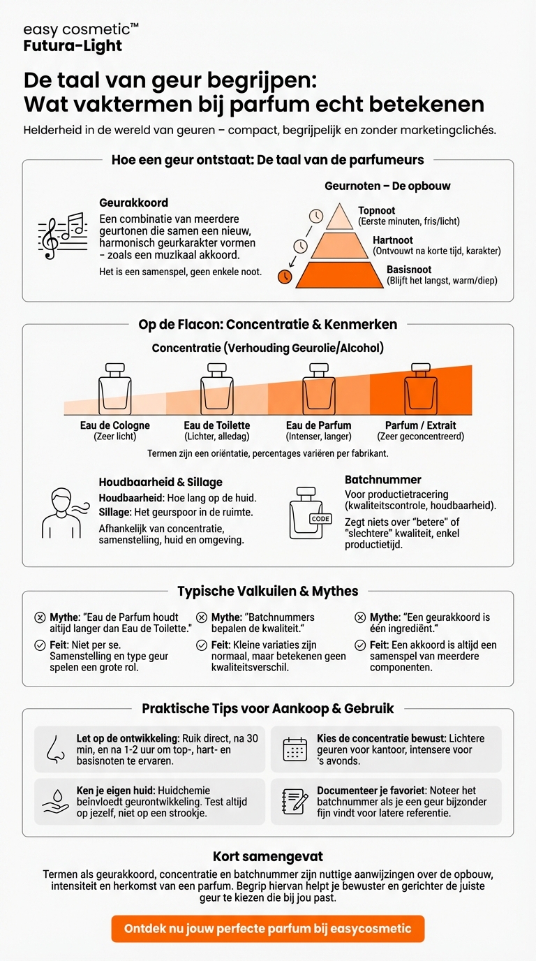 Wat betekenen termen als geurakkoord, concentratie of batchnummer bij parfum?