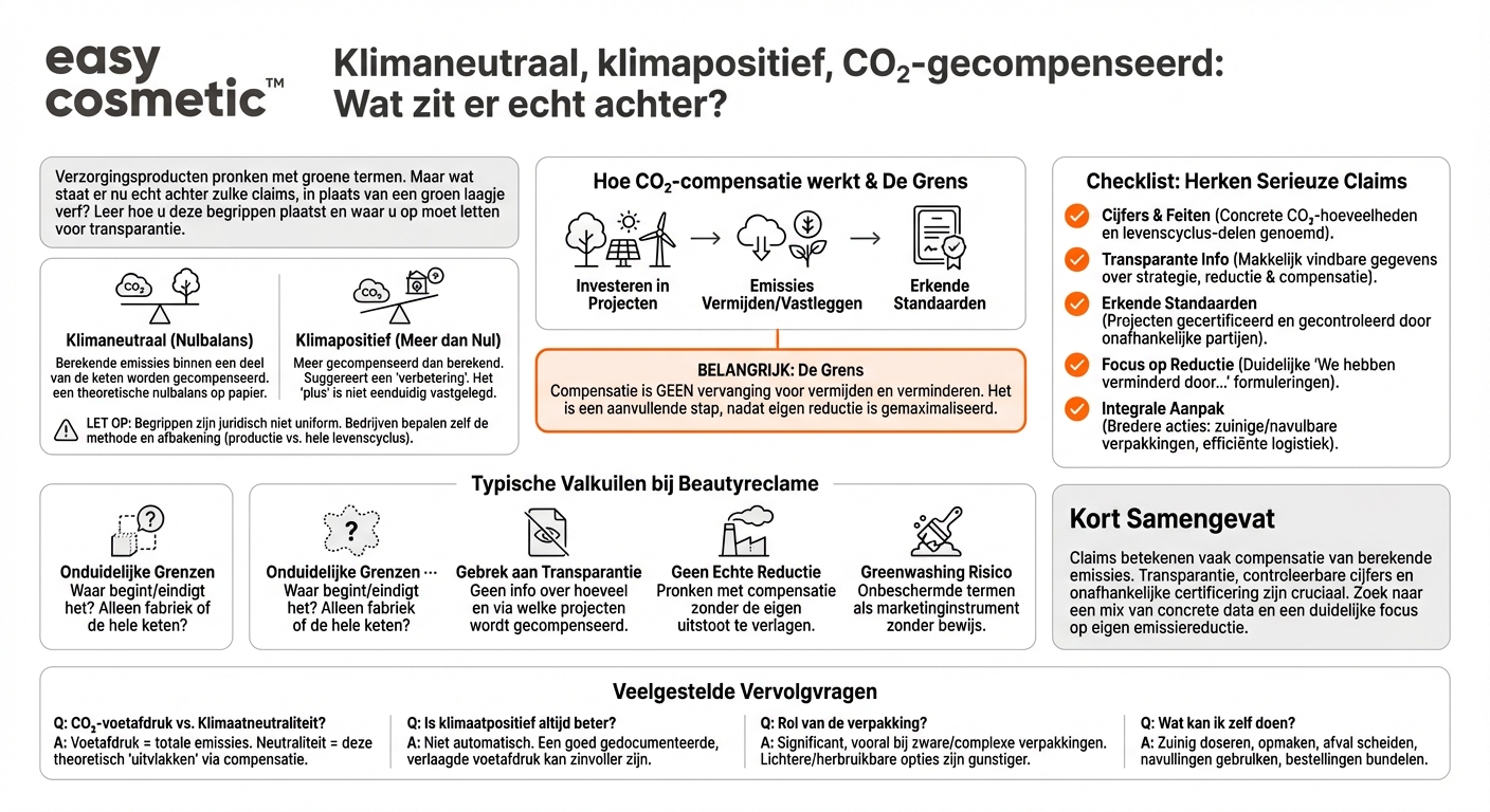 Wat betekent ‘klimaatneutrale’ of ‘klimaatpositieve’ verzorgingscosmetica precies, en waar moet ik op letten als merken adverteren met CO₂-compensatie?